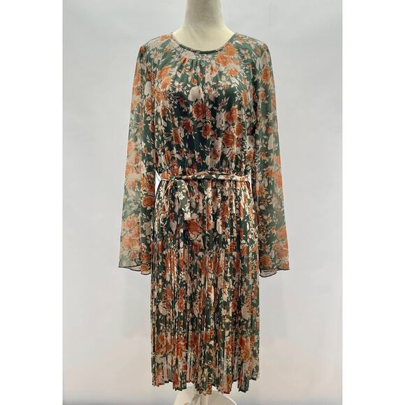 Indie & Co Oaklee Midi Dress Womens XL Green Floral Pleated Semi-Sheer LS Fall - Picture 1 of 2